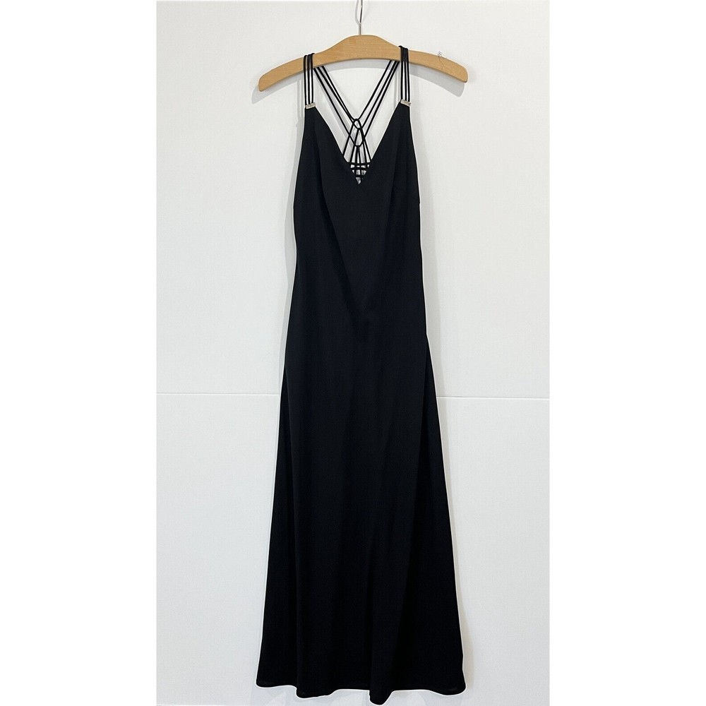 Y2K Vintage Black Formal Gown Strappy Maxi Dress Evening Rhinestones Sz Small